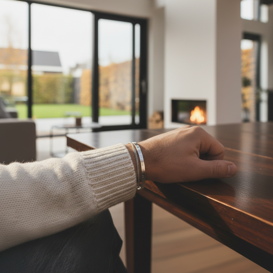 Hand resting on a wooden table in a modern living room with a blurred background