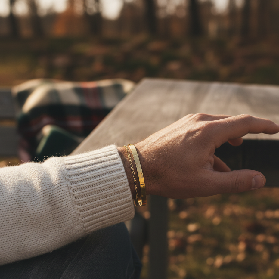 Hand with a gold bracelet on a wooden surface outdoors