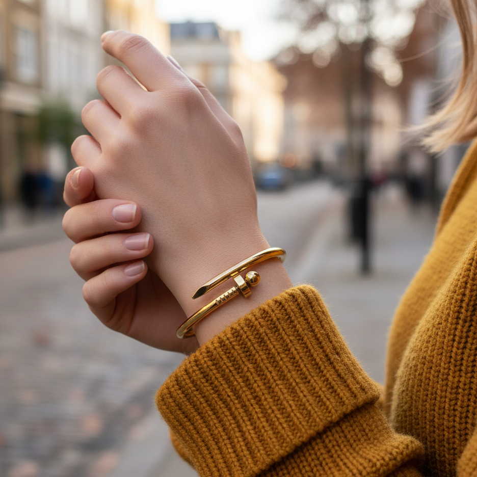 Close-up of a hand wearing a gold bracelet with a blurred street scene in the background