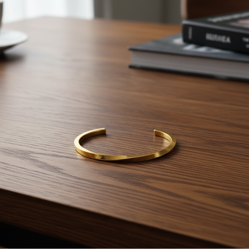 Gold bracelet on a wooden surface with a blurred background